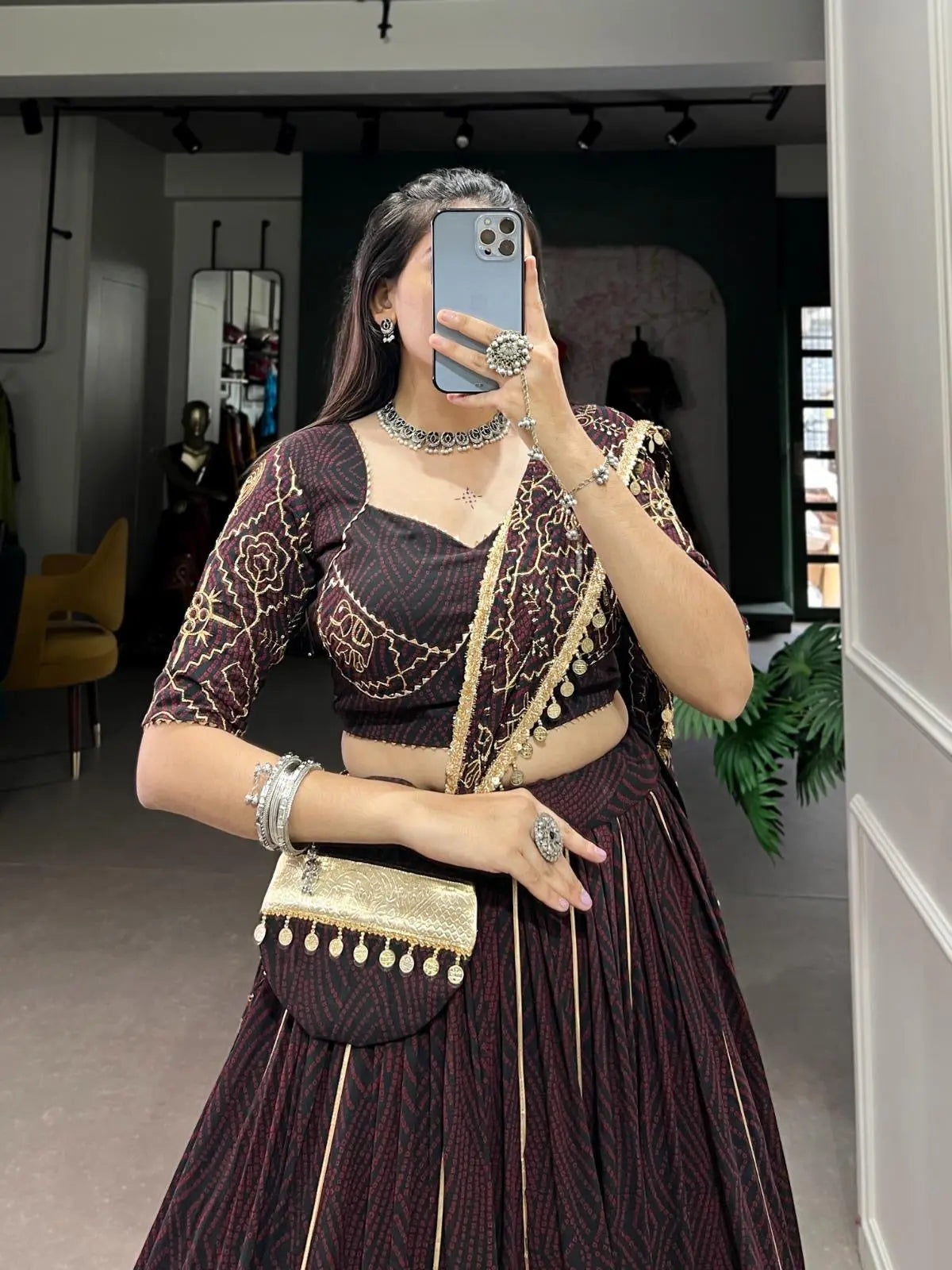 Georgette Bandhej Print with Embossed Print Mirror Work Designer Chaniya Choli (Ready to Wear)with Purse Ethenika.com