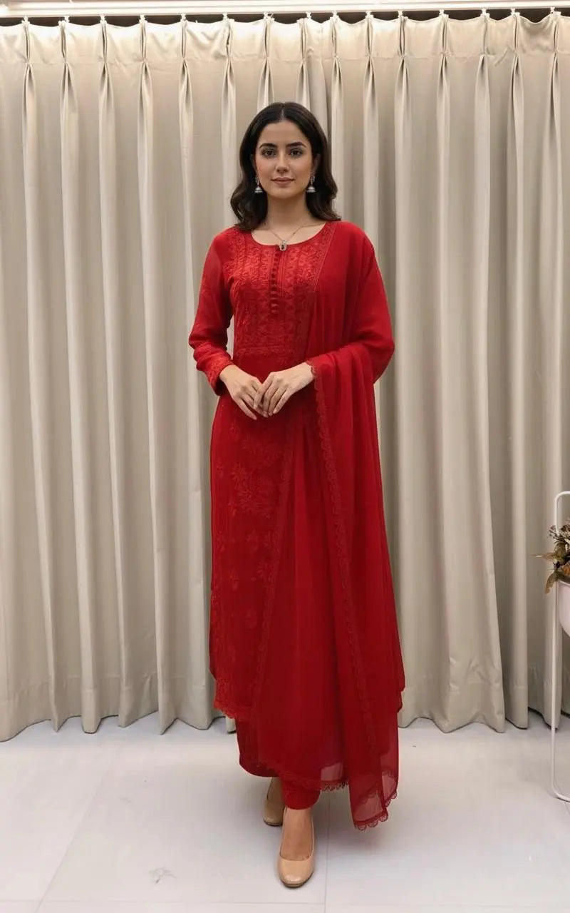 Georgette Chikankari Kurti Palazzo Dupatta Set Ethenika.com