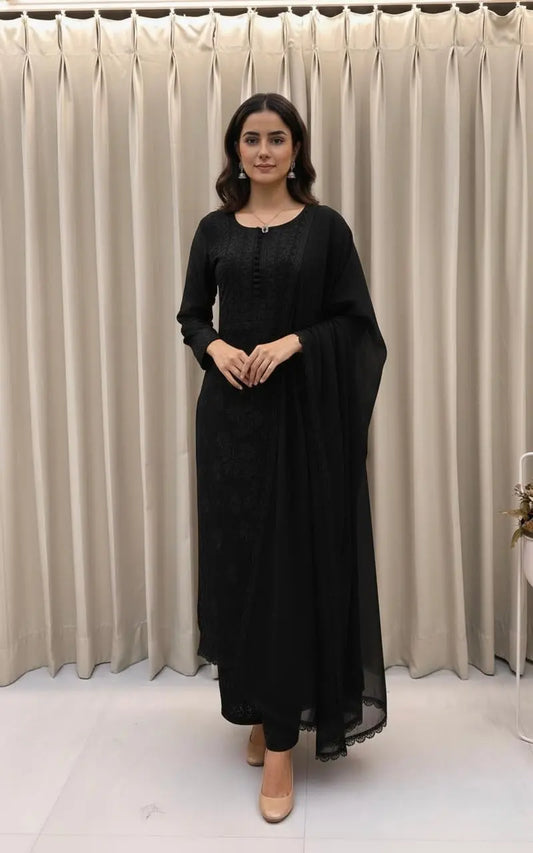 Georgette Chikankari Kurti Palazzo Dupatta Set Ethenika.com