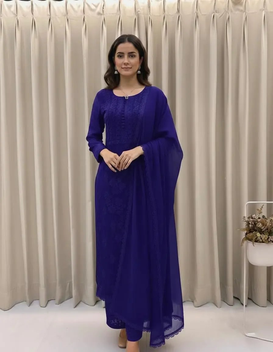 Georgette Chikankari Kurti Palazzo Dupatta Set Ethenika.com