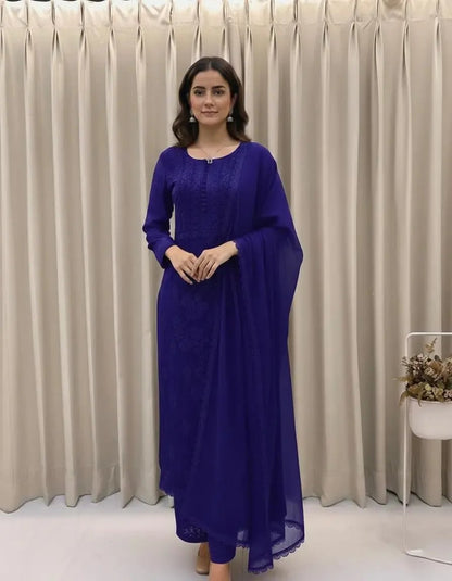 Georgette Chikankari Kurti Palazzo Dupatta Set Ethenika.com