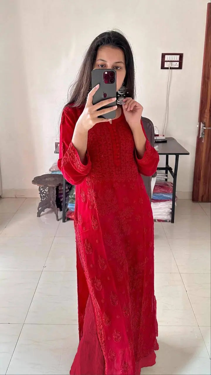 Georgette Chikankari Kurti Palazzo Dupatta Set (Ready to Wear) Ethenika.com