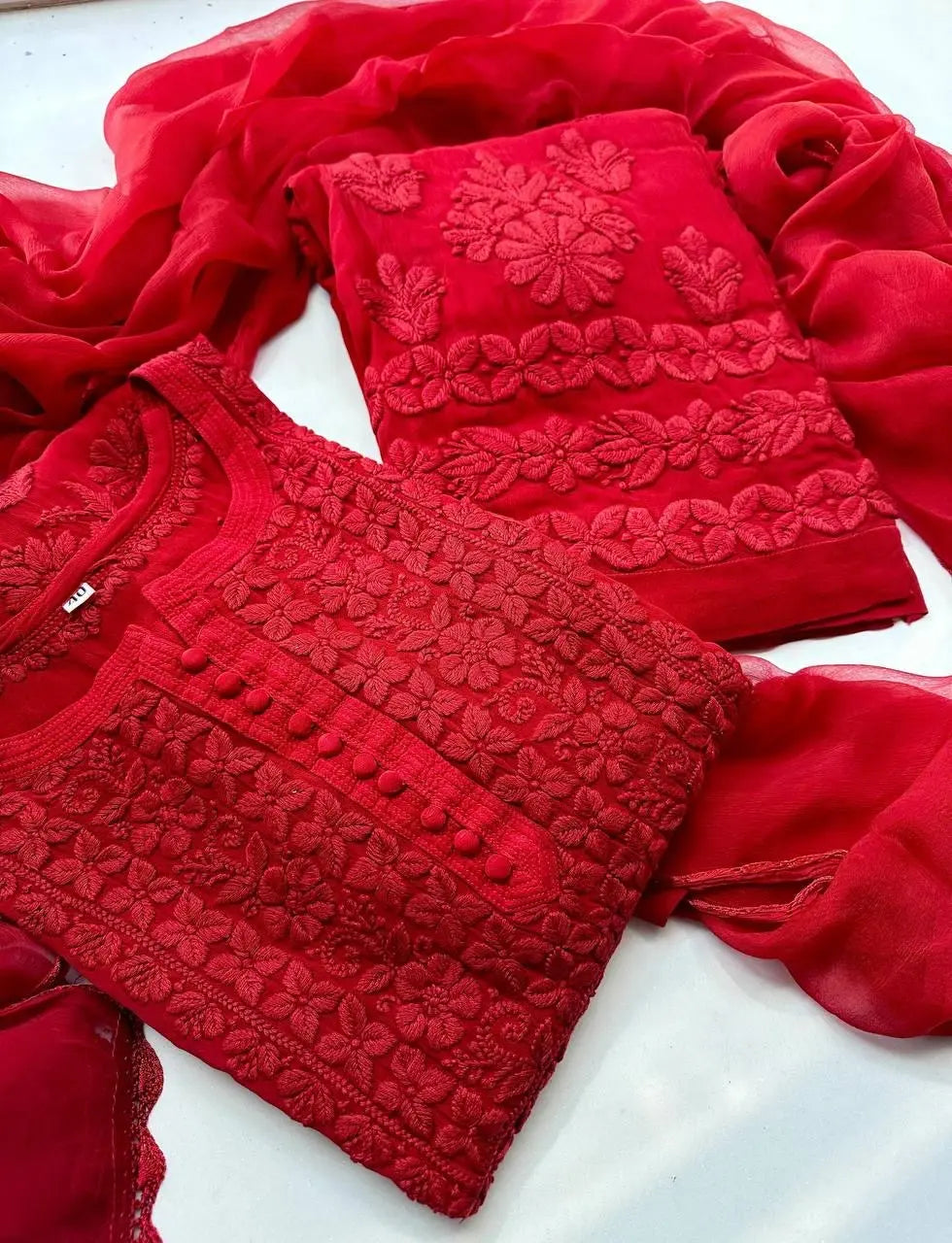 Georgette Chikankari Kurti Palazzo Dupatta Set (Ready to Wear) Ethenika.com