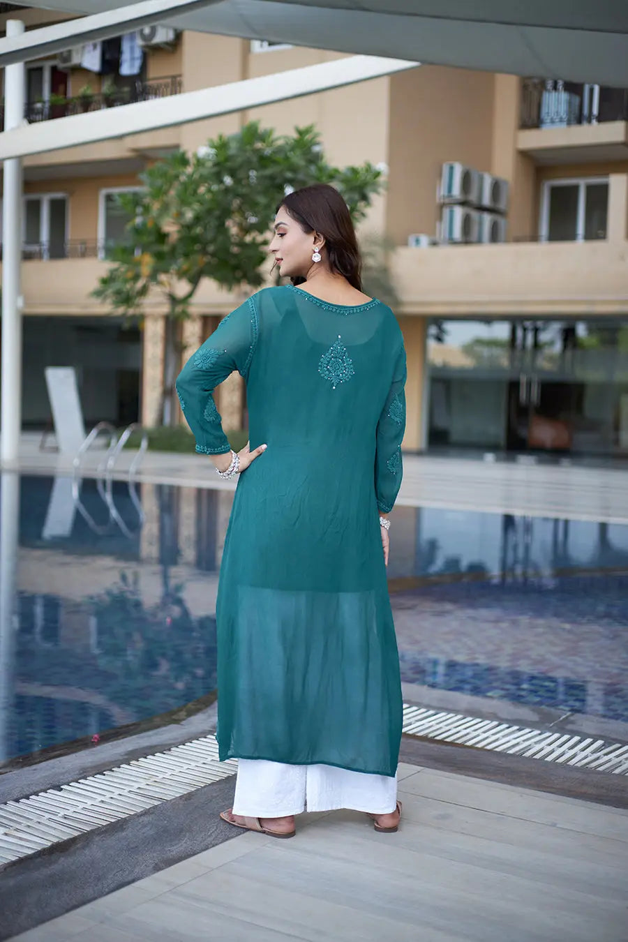Georgette Mirror Work Chikankari Kurti Palazzo (Ready To Wear) Ethenika.com