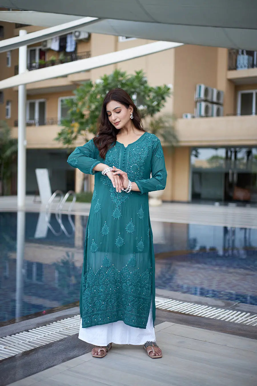 Georgette Mirror Work Chikankari Kurti Palazzo (Ready To Wear) Ethenika.com