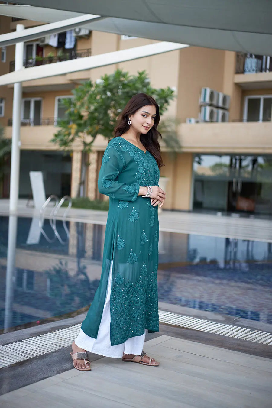 Georgette Mirror Work Chikankari Kurti Palazzo (Ready To Wear) Ethenika.com