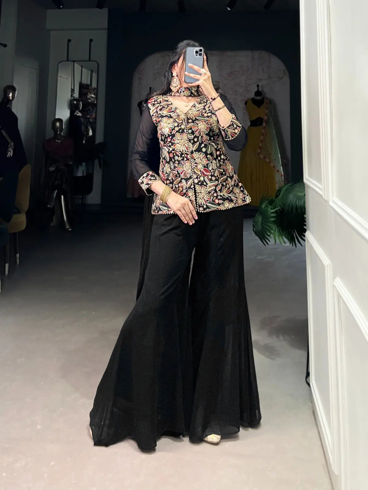 Georgette Threa Embroidery work Black Beauty Kurti Sharara Dupatta Set - Premium  from Ethenika.com  - Just INR 3990! Shop now at Ethenika.com 