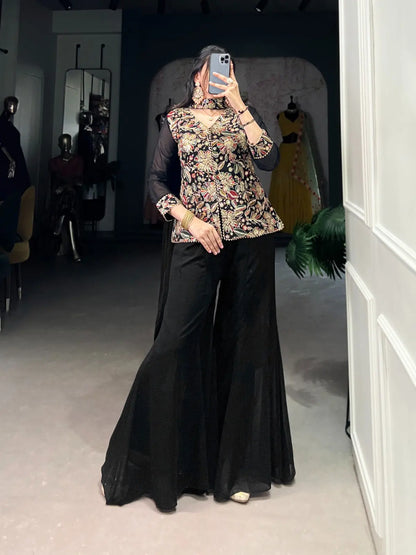 Georgette Threa Embroidery work Black Beauty Kurti Sharara Dupatta Set - Premium  from Ethenika.com  - Just INR 3990! Shop now at Ethenika.com 