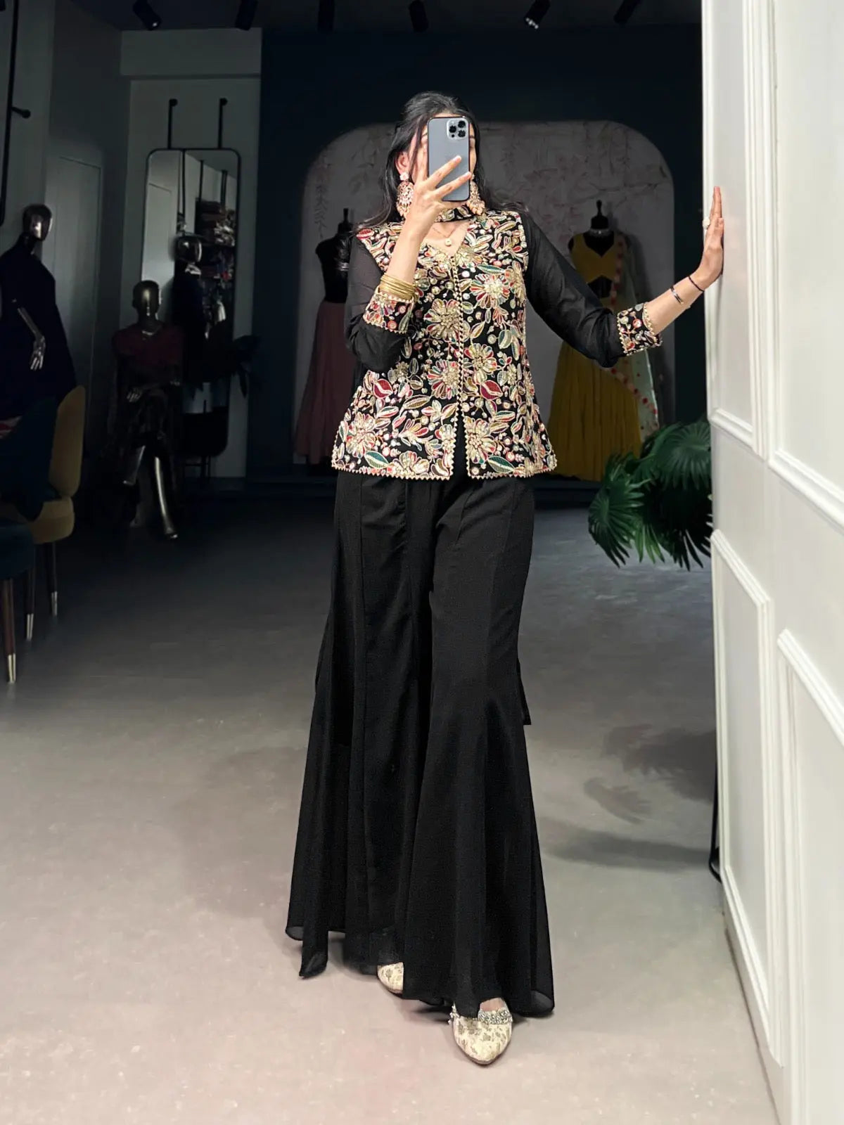 Georgette Threa Embroidery work Black Beauty Kurti Sharara Dupatta Set - Premium  from Ethenika.com  - Just INR 3990! Shop now at Ethenika.com 