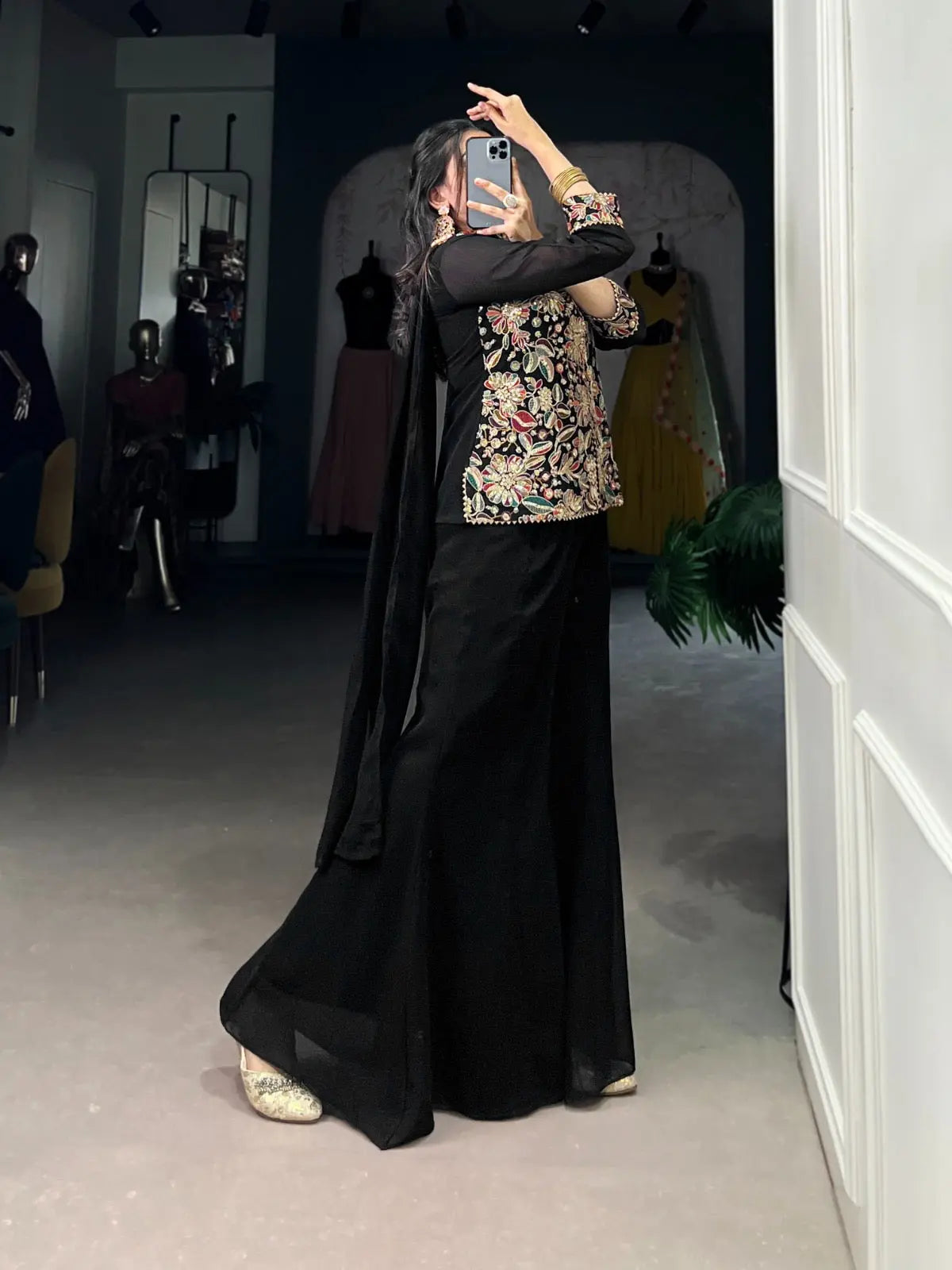Georgette Threa Embroidery work Black Beauty Kurti Sharara Dupatta Set - Premium  from Ethenika.com  - Just INR 3990! Shop now at Ethenika.com 
