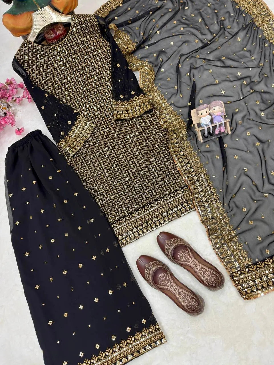 Georgette Zari Embroidery Work Kurti Palazzo Dupatta Set Ethenika.com