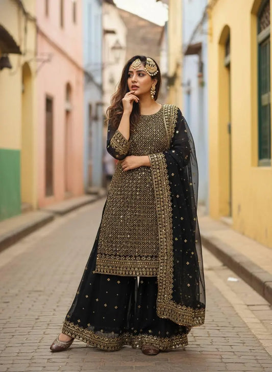 Georgette Zari Embroidery Work Kurti Palazzo Dupatta Set Ethenika.com