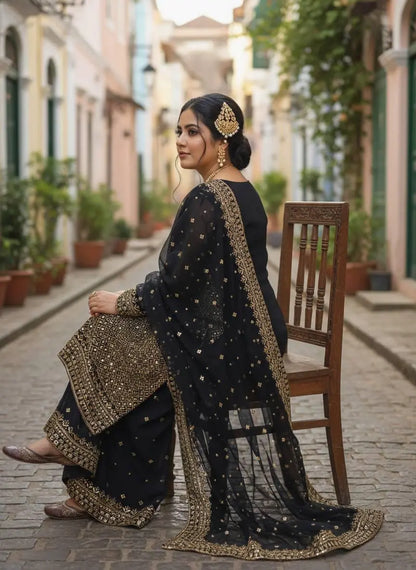 Georgette Zari Embroidery Work Kurti Palazzo Dupatta Set Ethenika.com