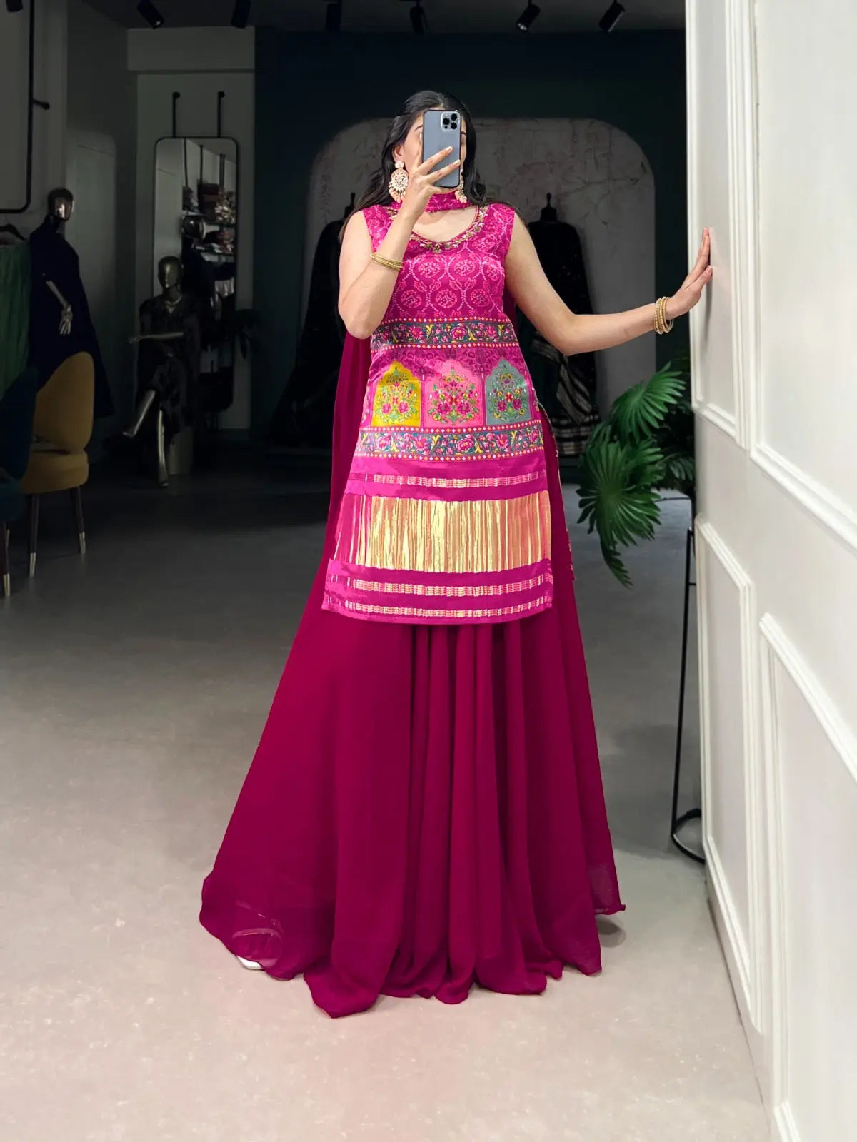 Ghazi Silk Block Print Golden Lagdi Patta work Kurti Palazo Dupatta Set (Ready to Wear) Ethenika.com