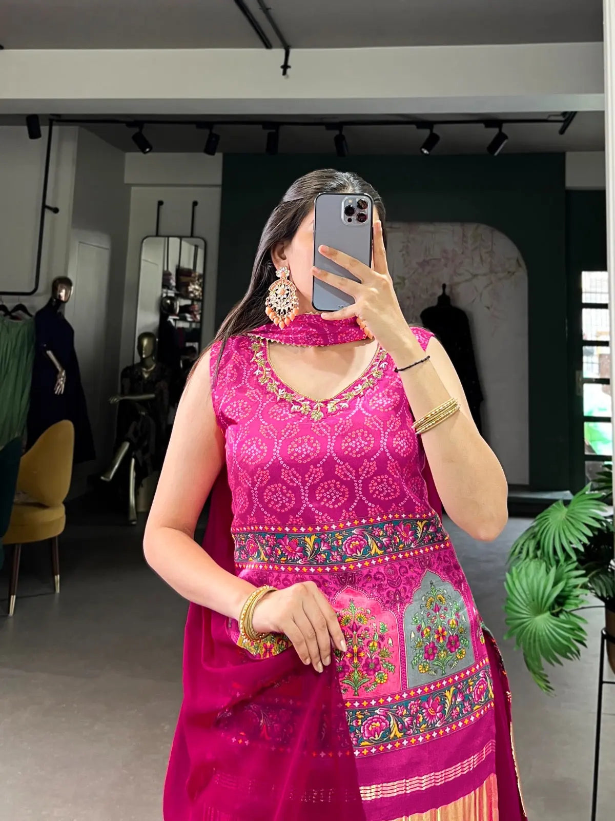 Ghazi Silk Block Print Golden Lagdi Patta work Kurti Palazo Dupatta Set (Ready to Wear) Ethenika.com