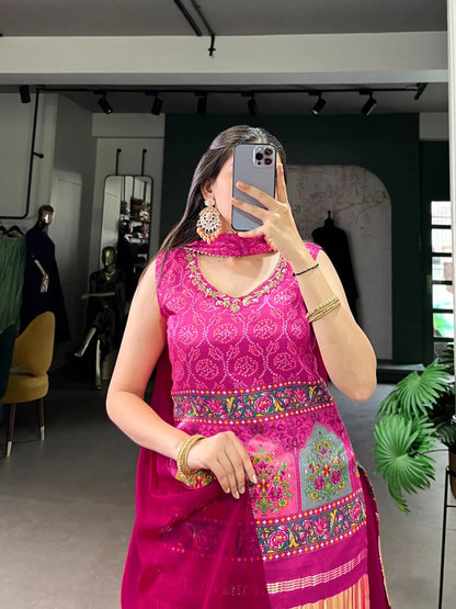 Ghazi Silk Block Print Golden Lagdi Patta work Kurti Palazo Dupatta Set (Ready to Wear) Ethenika.com