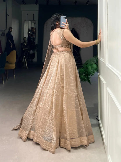 Gold Crush Fabric Party Wear Lehenga Choli Dupatta Set (Ready To Wear) Ethenika.com