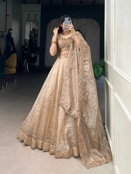 Gold Crush Fabric Party Wear Lehenga Choli Dupatta Set (Ready To Wear) Ethenika.com