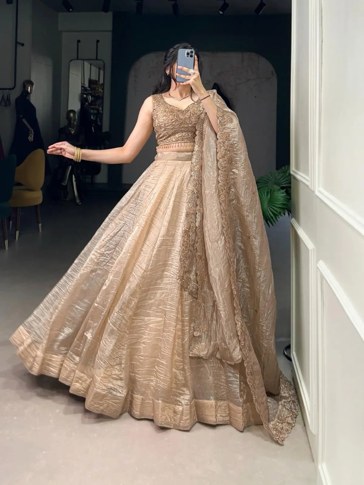 Gold Crush Fabric Party Wear Lehenga Choli Dupatta Set (Ready To Wear) Ethenika.com