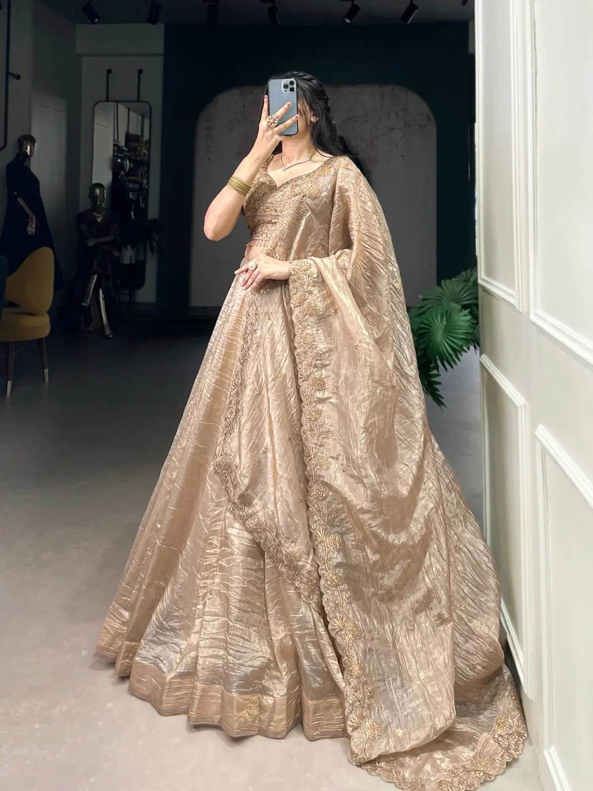 Gold Crush Fabric Party Wear Lehenga Choli Dupatta Set (Ready To Wear) Ethenika.com