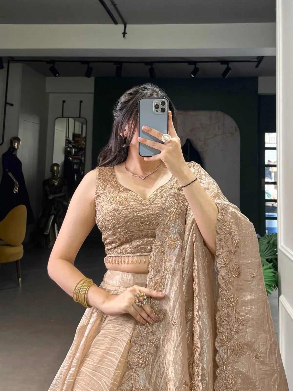 Gold Crush Fabric Party Wear Lehenga Choli Dupatta Set (Ready To Wear) Ethenika.com