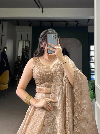 Gold Crush Fabric Party Wear Lehenga Choli Dupatta Set (Ready To Wear) Ethenika.com