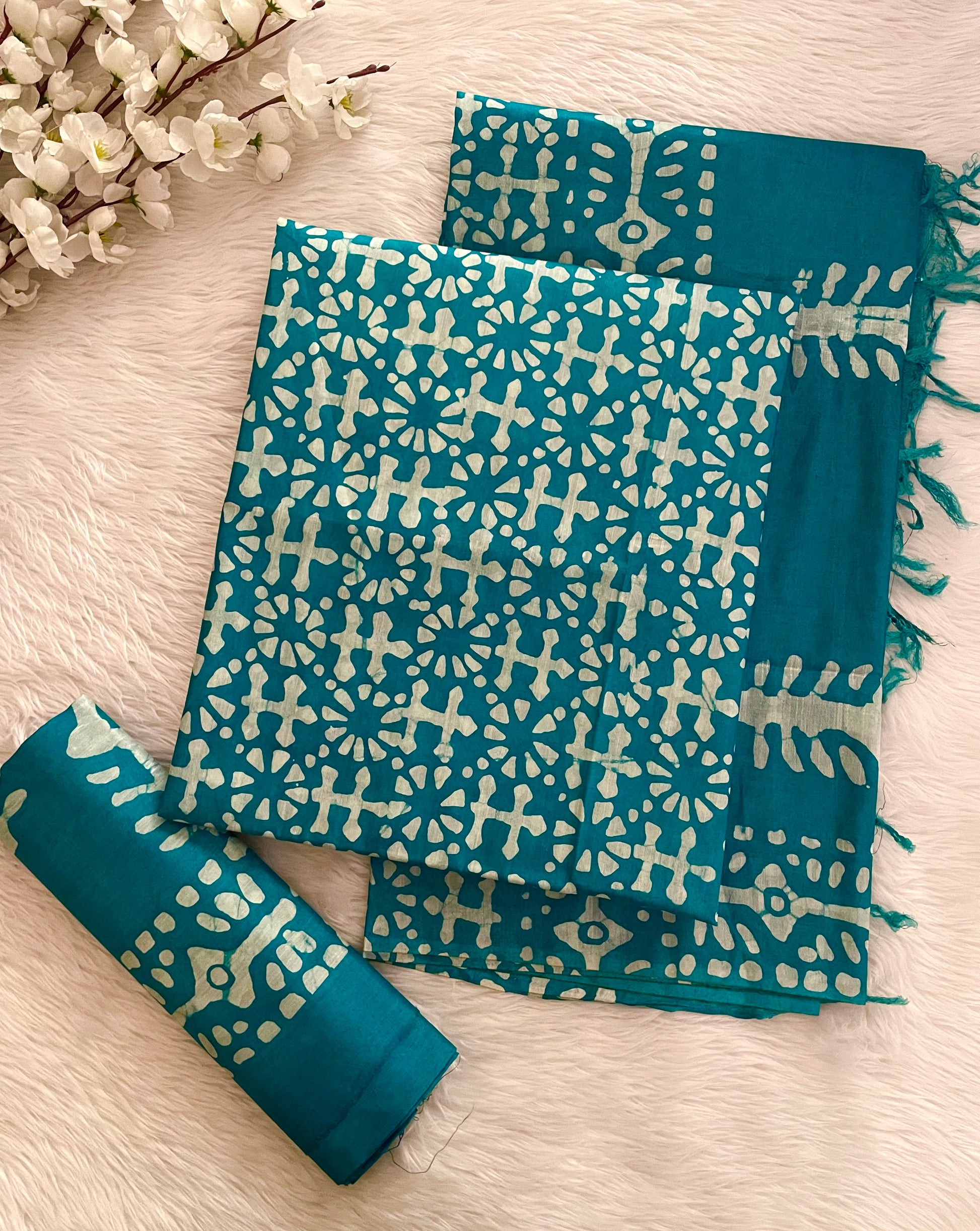 Muslin Silk Hand Blocked Wax Batik Dress Material (Unstitched)