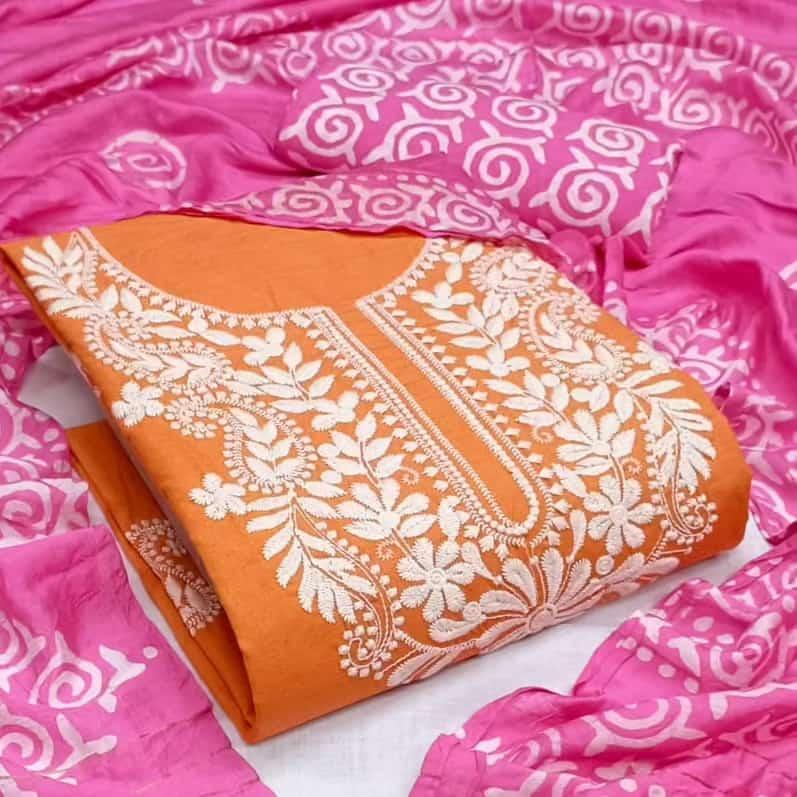 Beautiful Ajrakh kurta fabric with Hand Applique Patch work dupatta –  India1001.com