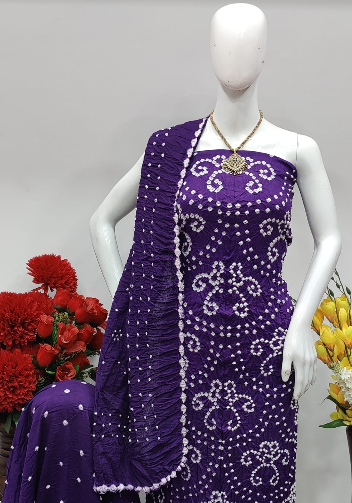 Cotton Satin Hand Crafted Kutchi Self Colour Bandhani Material (Unstitched) Ethenika.com 