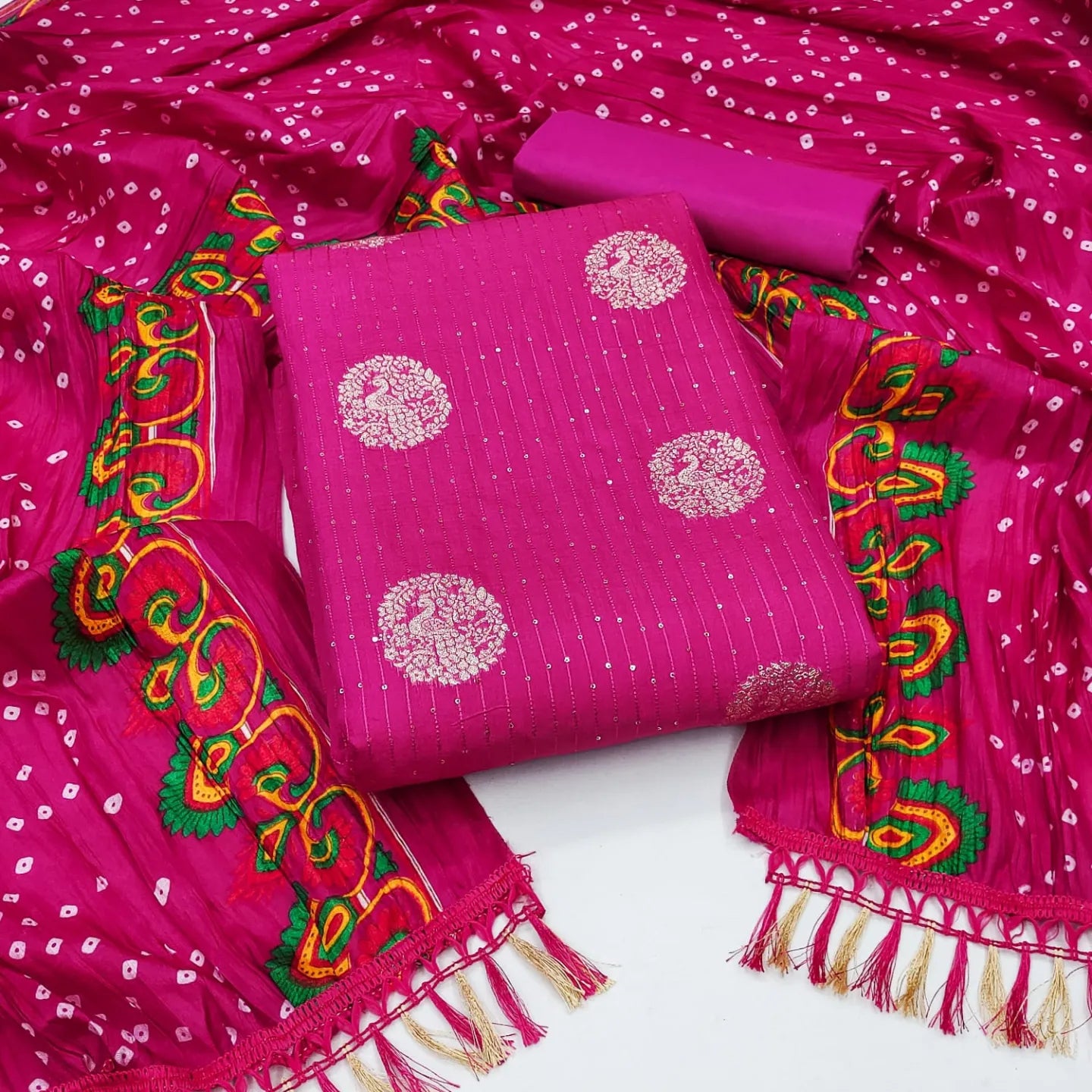 Jeckard Butta Croset work Bandhani Print Dupatta Dress Material (Unstitched) Ethenika.com 