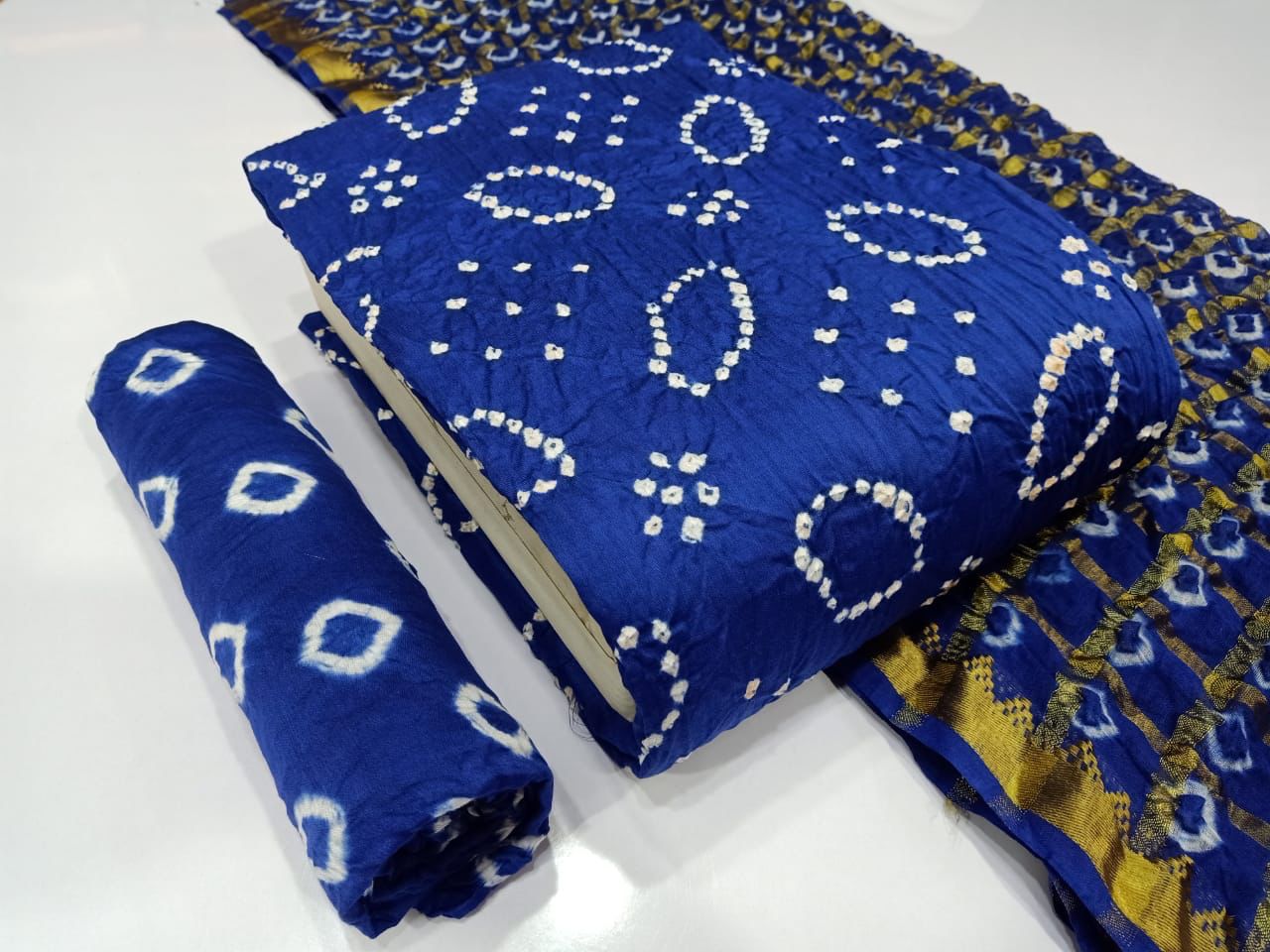cotton silk bandhani dress materials Cotton Satin Self Color Bandhani Dress Material ( Unstitched) Blue