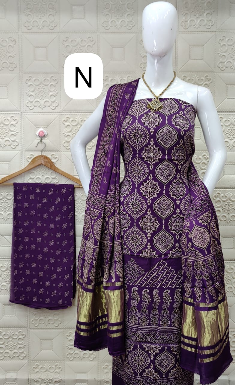 Gaji Silk Original Hand Blocked Ajrakh Dress Material (Unstitched) Ethenika.com Gaji Silk Original Hand Blocked Ajrakh Dress Material (Unstitched) Ethenika.com