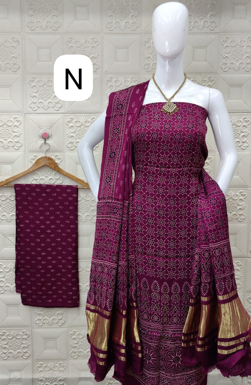 Gaji Silk Original Hand Blocked Ajrakh Dress Material (Unstitched) Ethenika.com Gaji Silk Original Hand Blocked Ajrakh Dress Material (Unstitched) Ethenika.com