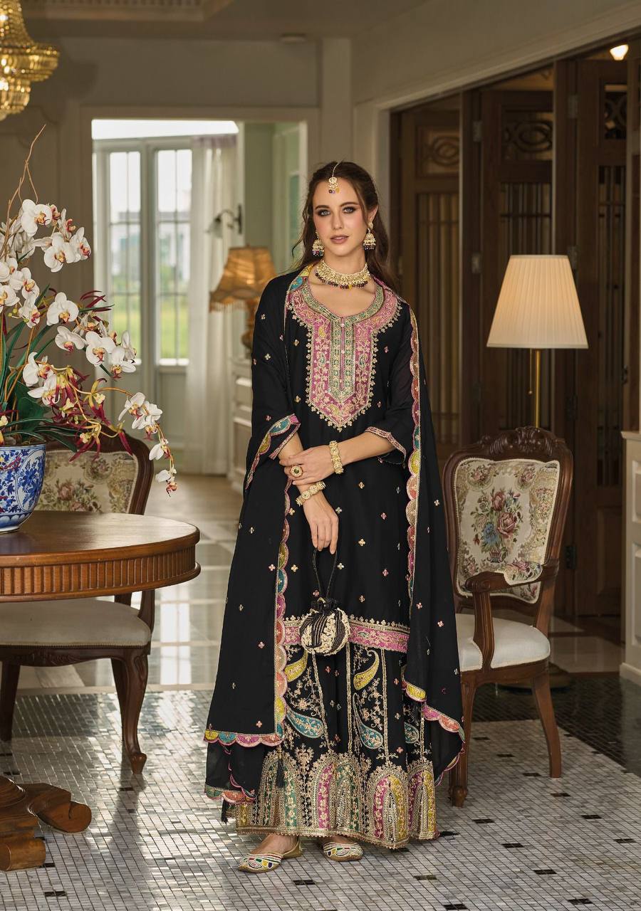 Georgette Embroidery work Kurti Palazzo Dupatta Set - Premium  from Ethenika.com - Just INR 2590! Shop now at Ethenika.com 