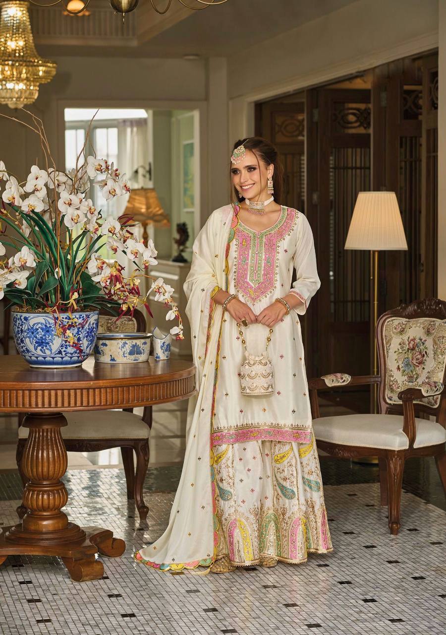 Georgette Embroidery work Kurti Palazzo Dupatta Set - Premium  from Ethenika.com - Just INR 2590! Shop now at Ethenika.com 