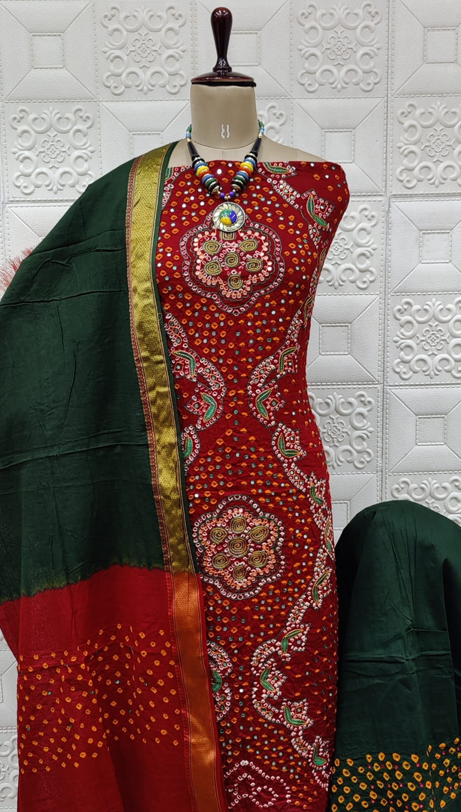 Black Multicolor Rayon Cotton Bandhani Print Kutchi Mirror Work Top Lehenga main image 1