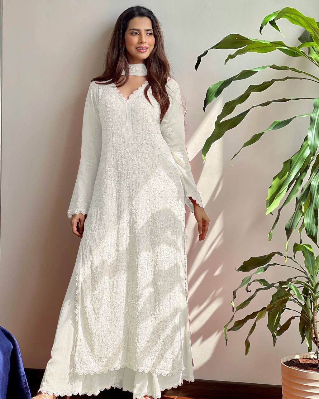 Chikankari work Faux Georgette Kurti Palazzo Set - Premium  from Ethenika.com - Just INR 2590! Shop now at Ethenika.com 