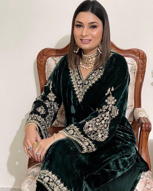 Zari Embroidery work Pakistani Velvet Kurti Pant Dupatta Set(Stitched) - Premium  from Ethenika.com  - Just INR 2790! Shop now at Ethenika.com 