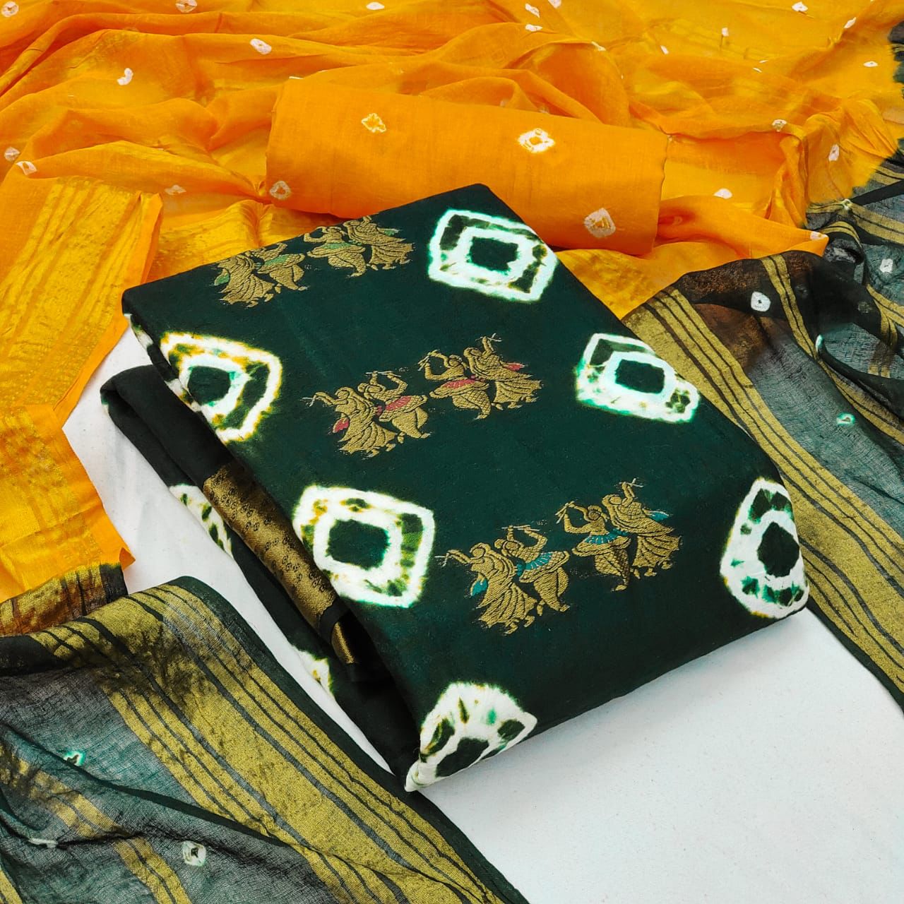 Cotton Golden Embroidery Bandhani Material (Unstitched) Ethenika.com 