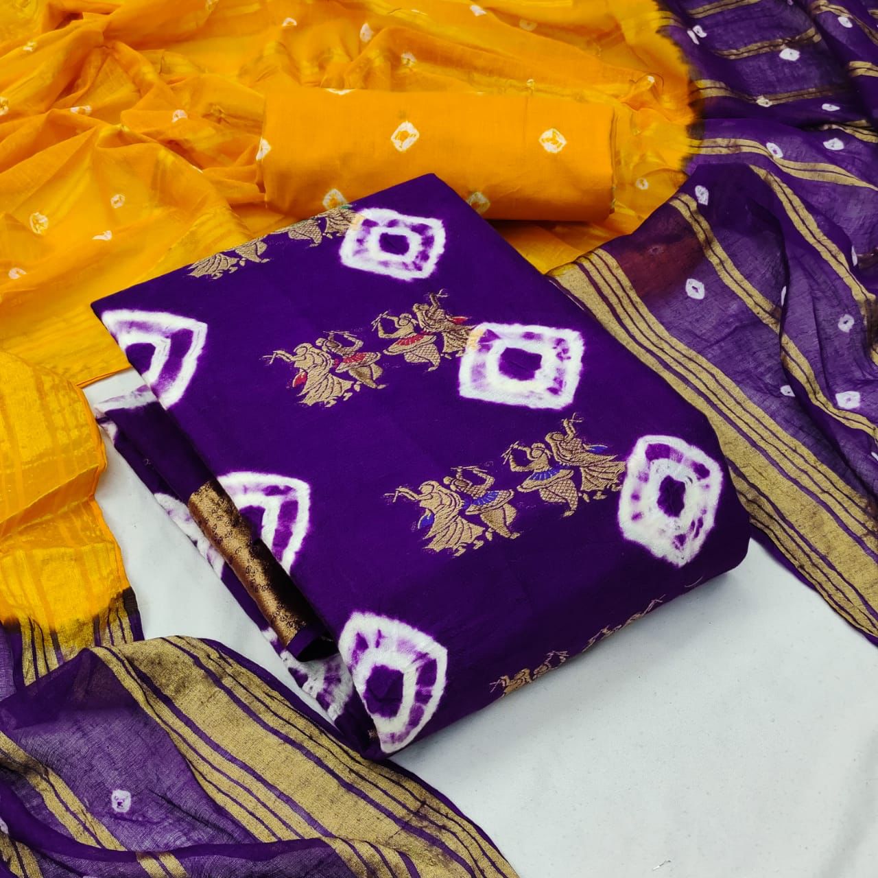 Cotton Golden Embroidery Bandhani Material (Unstitched) Ethenika.com 