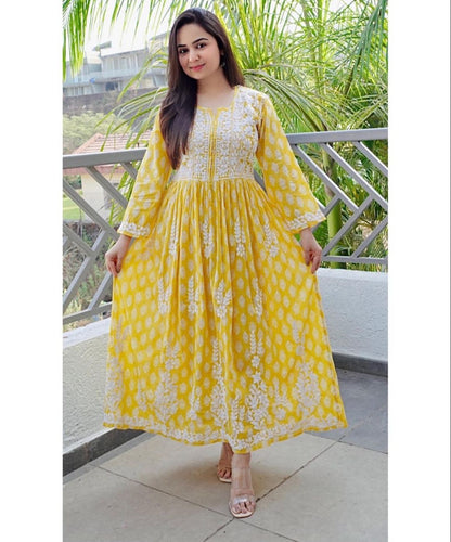 Printed work with Chikankari Embroided Gown Ethenika.com 