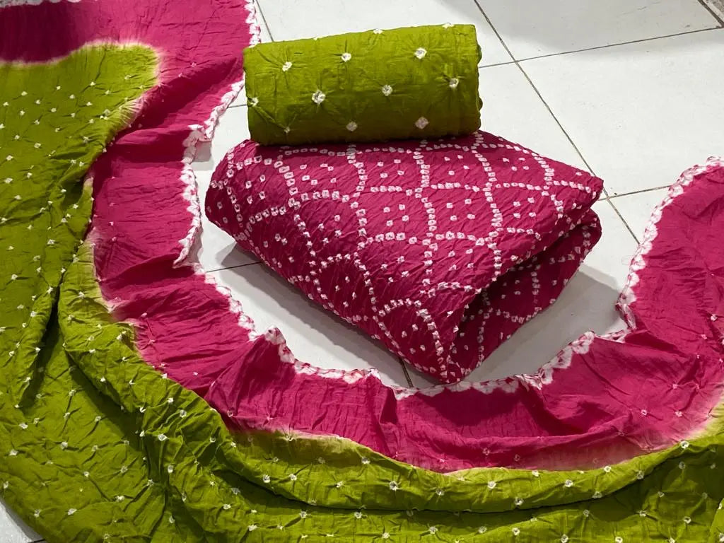 Cotton Satin Dual Contrast Hand Crafted Kutchi Bandhani Material