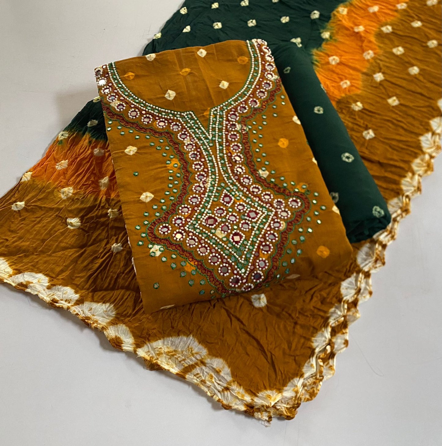 Cotton Real Mirror Resham Thread work Hand Crafted Bandhani Material (Unstitched) Ethenika.com 