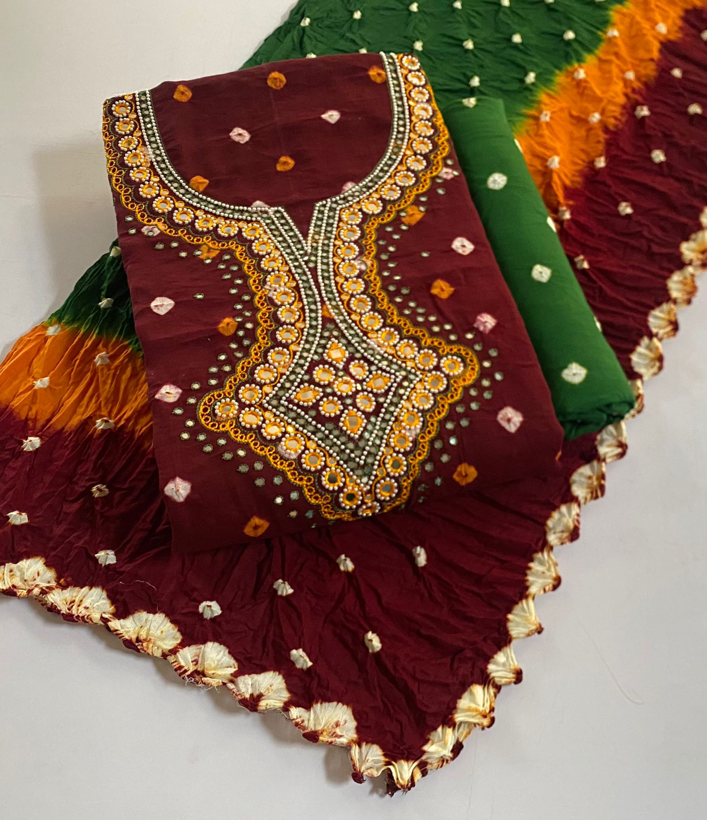 Cotton Real Mirror Resham Thread work Hand Crafted Bandhani Material (Unstitched) Ethenika.com 