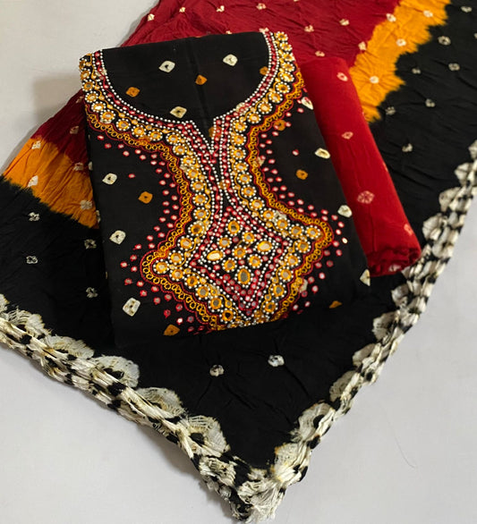 Cotton Real Mirror Resham Thread work Hand Crafted Bandhani Material (Unstitched) - Premium  from Ethenika.com - Just INR 1990! Shop now at Ethenika.com 