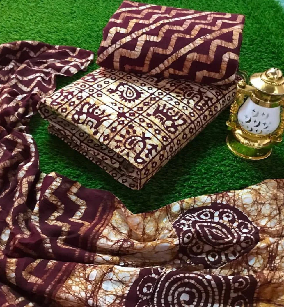 Cotton Satin Hand Blocked wax Batik Salwar Material (Unstitched) Ethenika.com 