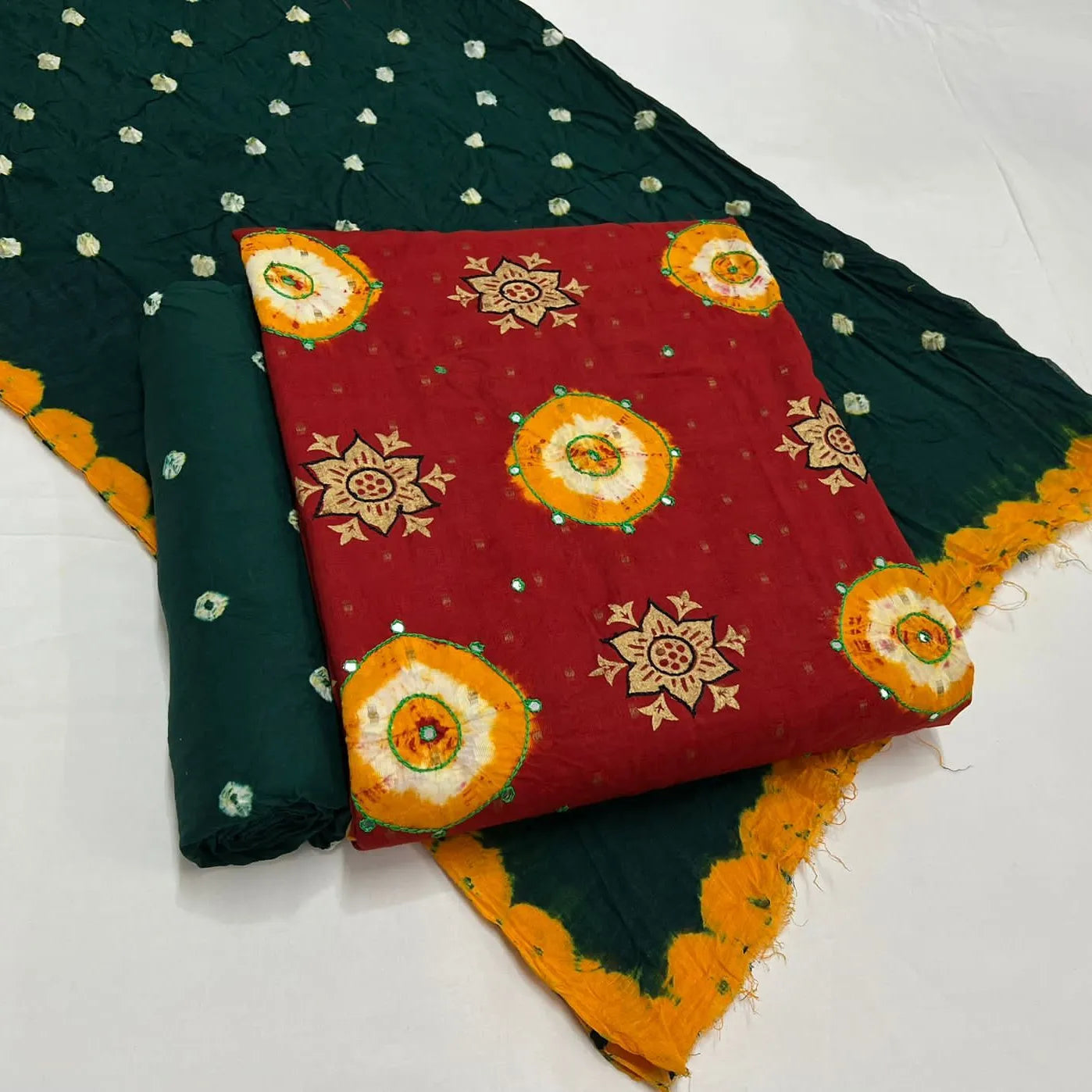 Cotton Kutchi Thread mirror with Block work Bandhani Material (Unstitched) Ethenika.com 