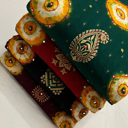 Cotton Kutchi Thread mirror with Block work Bandhani Material (Unstitched) Ethenika.com 