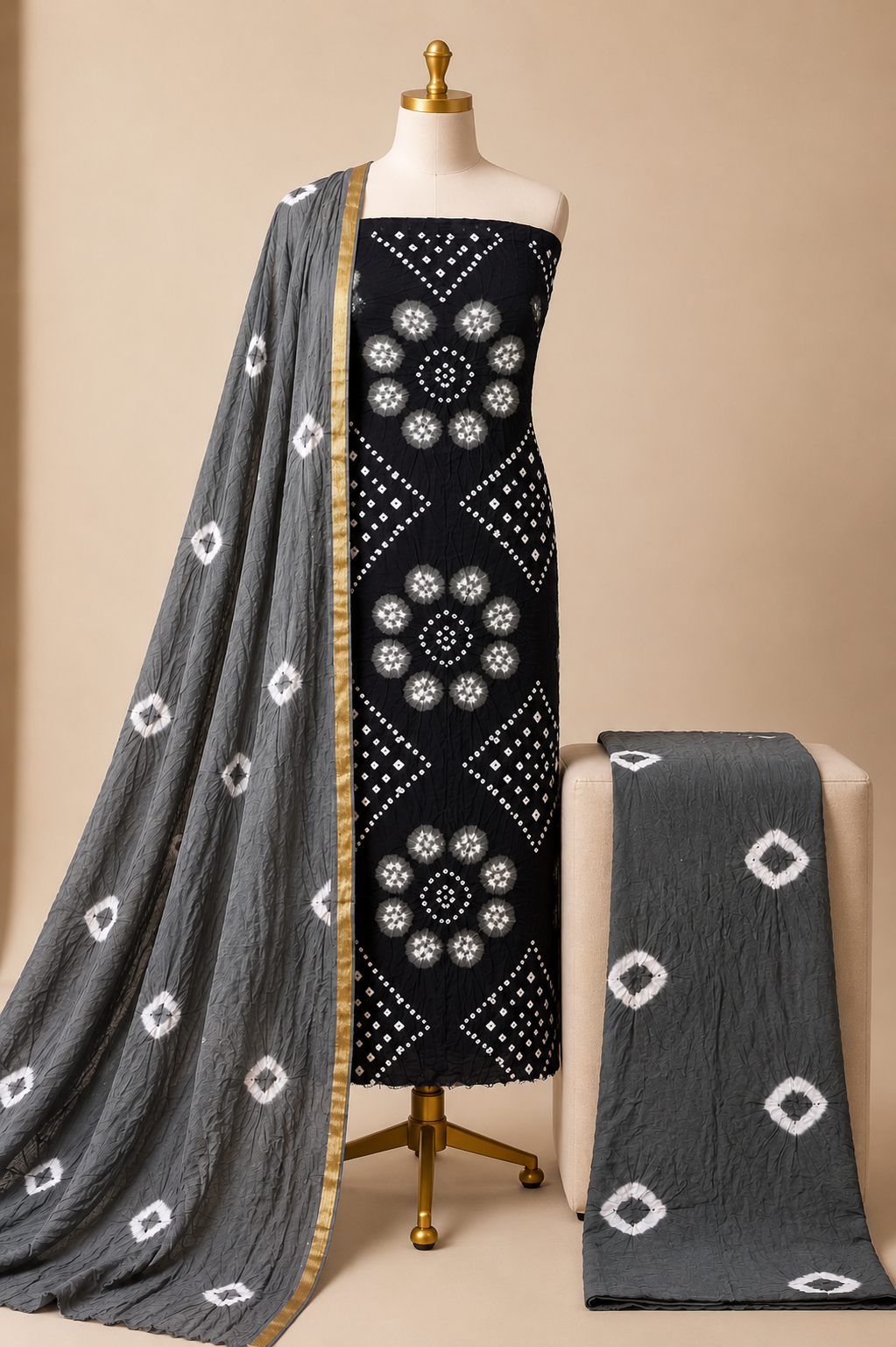 Cotton Satin Handmade 3Pc Kutch Bandhani Dress Material (Unstitched)