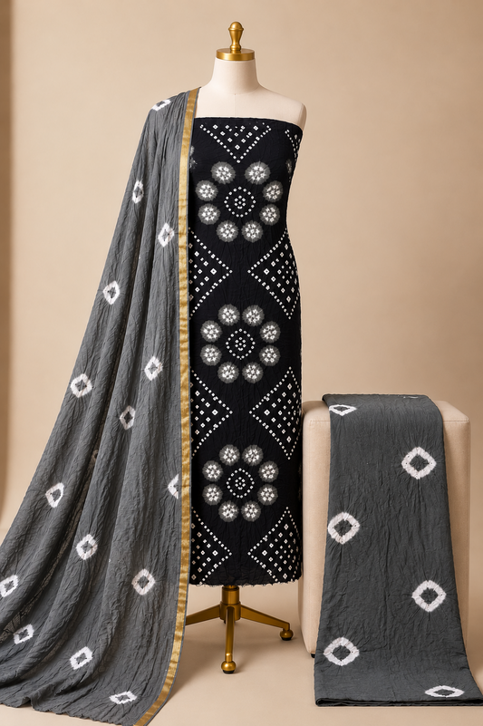 Cotton Satin Handmade 3Pc Kutch Bandhani Dress Material (Unstitched)